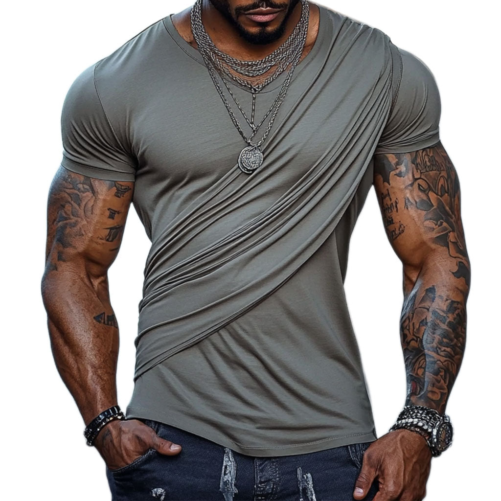 Men's fashionable casual dark grey pleated short-sleeved T-shirt