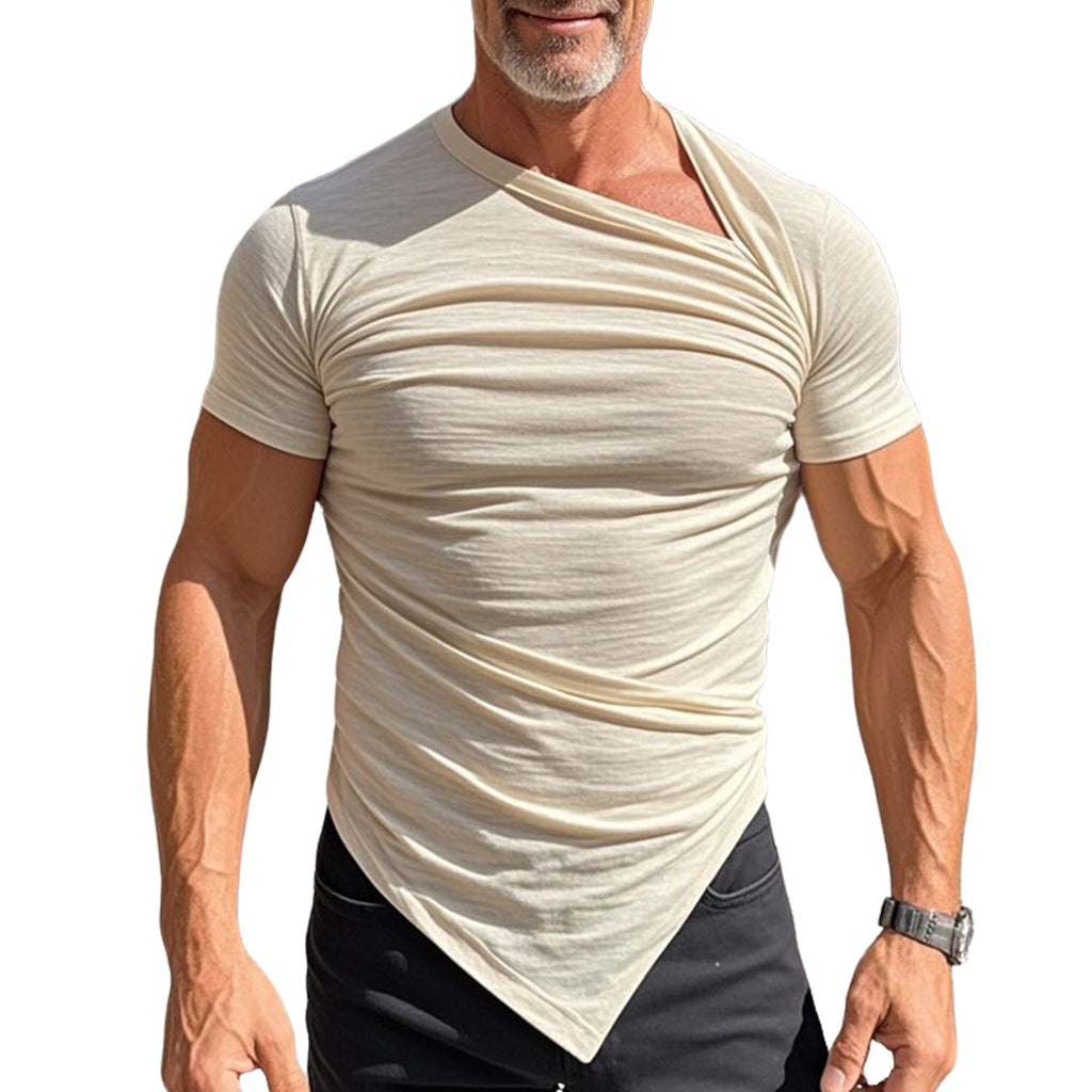 Men's fashionable casual beige pleated short-sleeved T-shirt