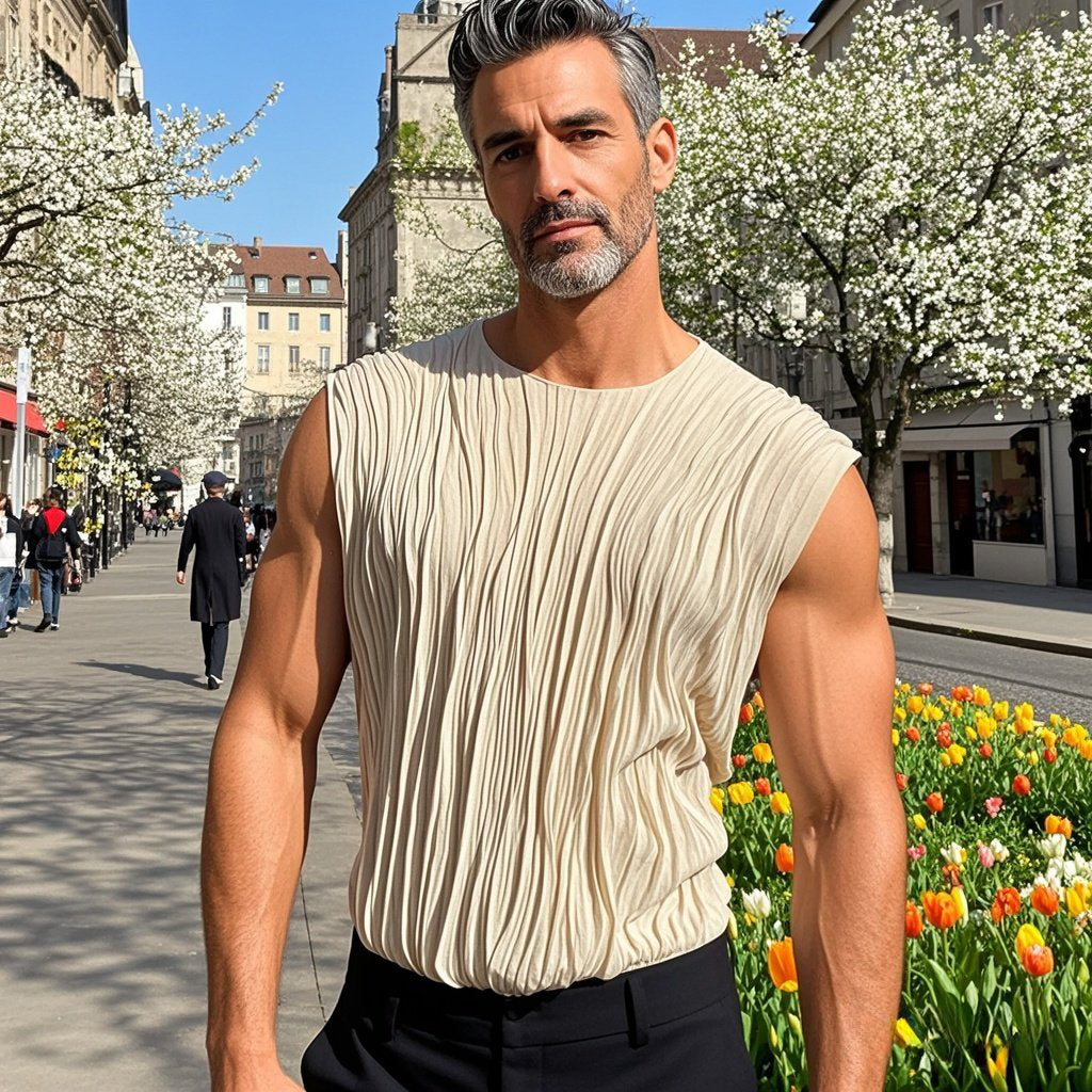 Men's fashionable casual off-white pleated vest
