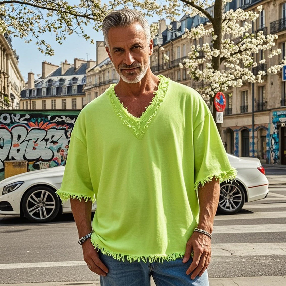 Men's fashionable and casual fringed short-sleeved T-shirt