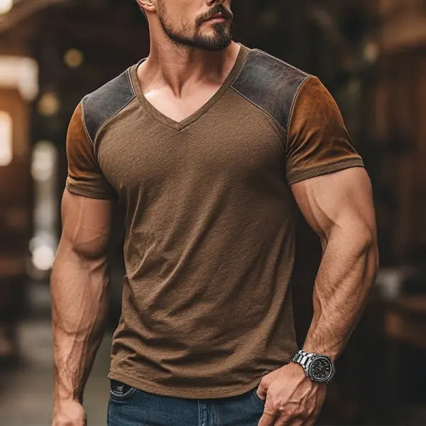 Men's Retro Casual Leather Stitching Short Sleeve T-Shirt