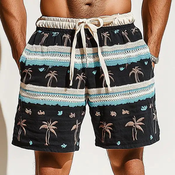 Men's Holiday Crochet Knitted Patchwork Palm Tree Casual Shorts