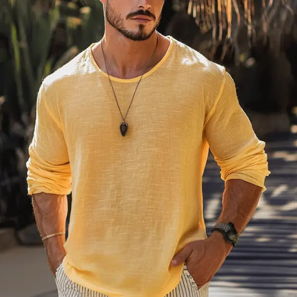 Herren Basic Plain Atmungsaktives Leinen Langarmhemd 