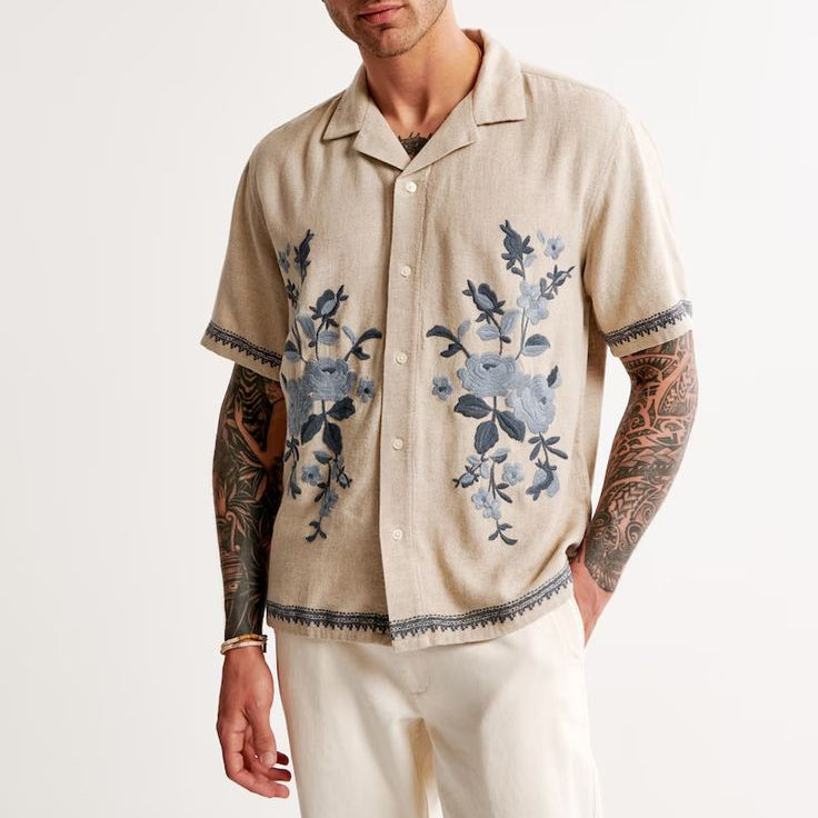 Men's fashionable casual short-sleeved shirt with floral prints