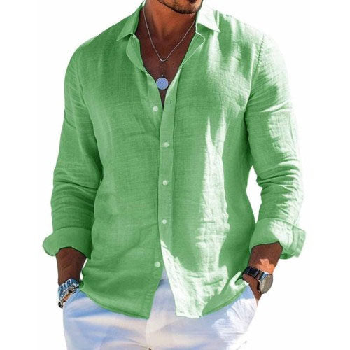 Men's Cotton and Linen Casual Solid Color Lapel Shirt