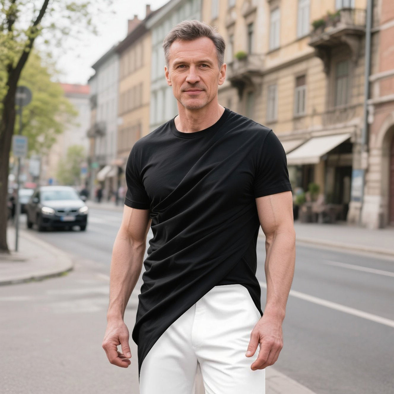 Men's fashionable casual beige pleated T-shirt