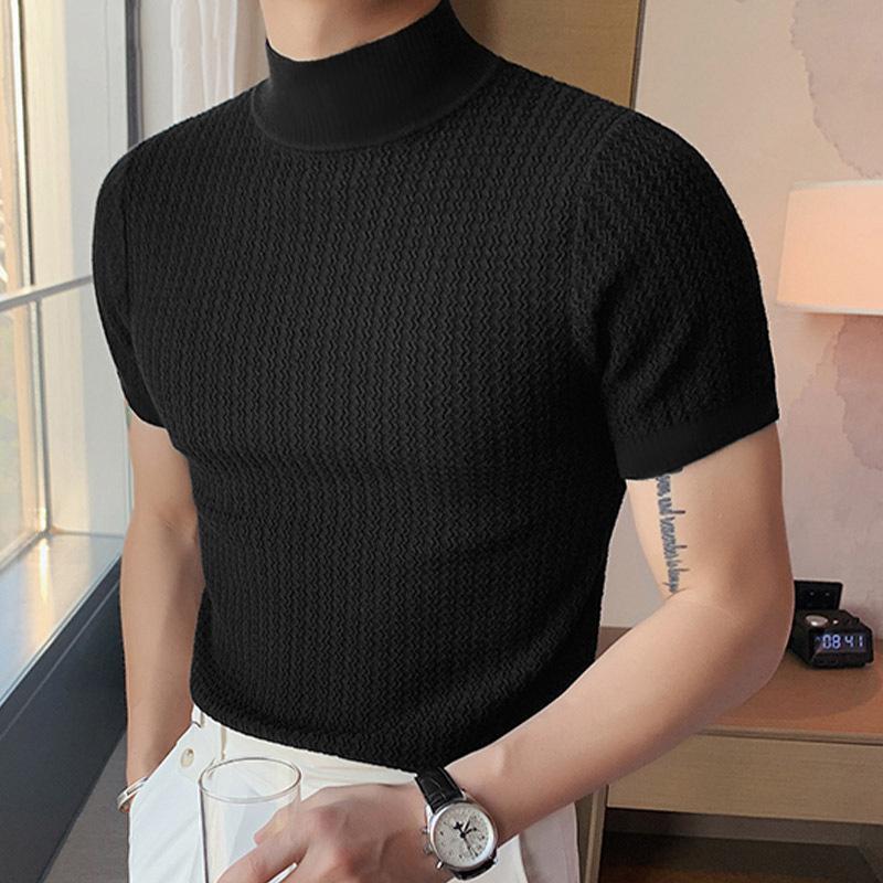 T-shirt à manches courtes et col roulé pour homme, couleur unie, en maille serrée