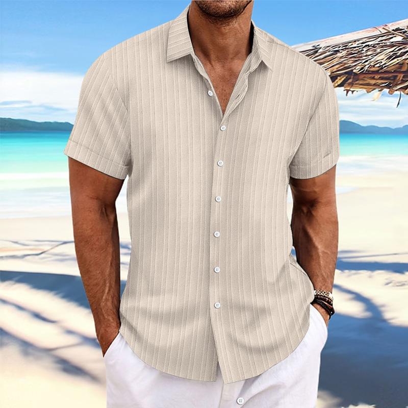 Men's Cotton Linen Stripe Print Loose Short Sleeve Lapel Shirt