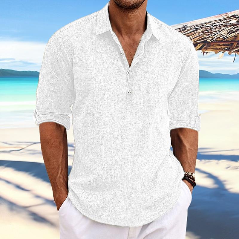 Men's Casual Solid Color Pullover Lapel Roll-Up Sleeve Long Sleeve Shirt