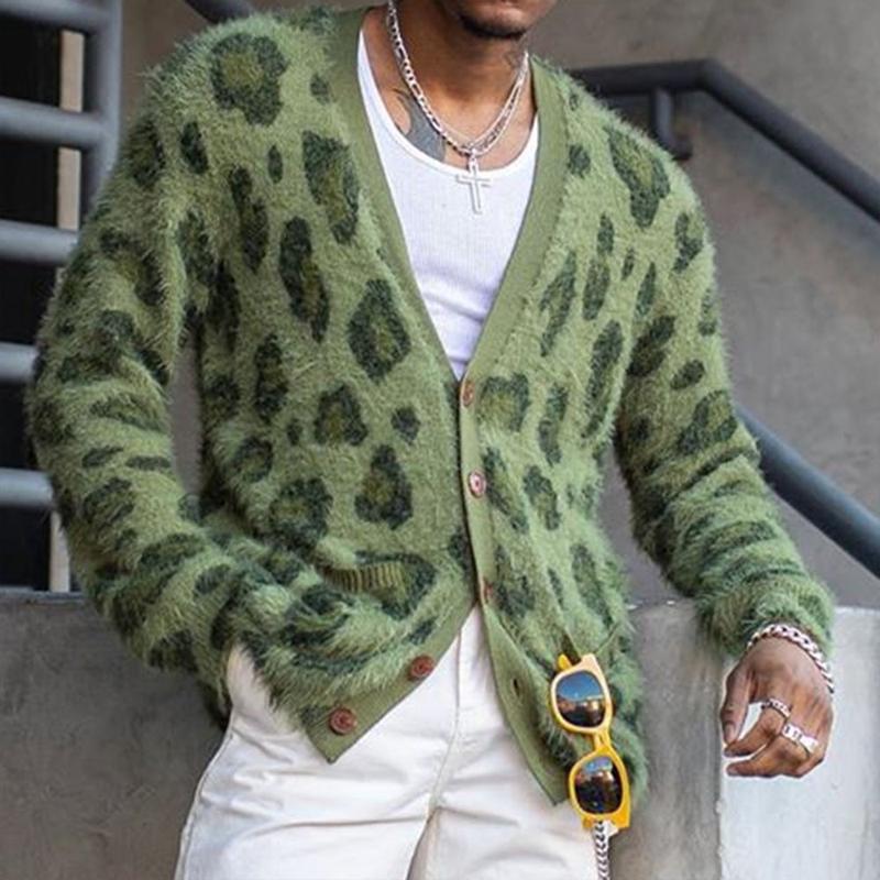 Men's Vintage Leopard V-Neck Single-Breasted Cardigan