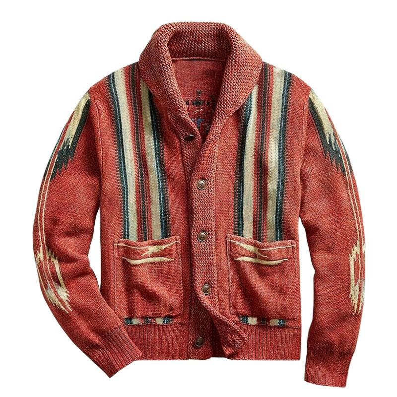 Cardigan en tricot à manches longues et revers jacquard vintage pour homme