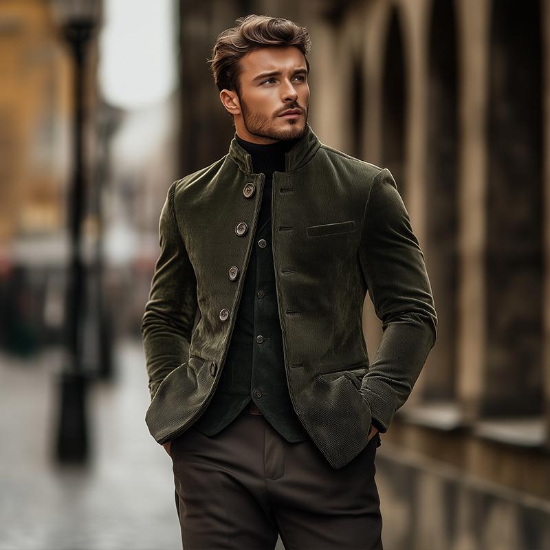 Men's Vintage Corduroy Stand Collar Single Breasted Slim Fit Blazer