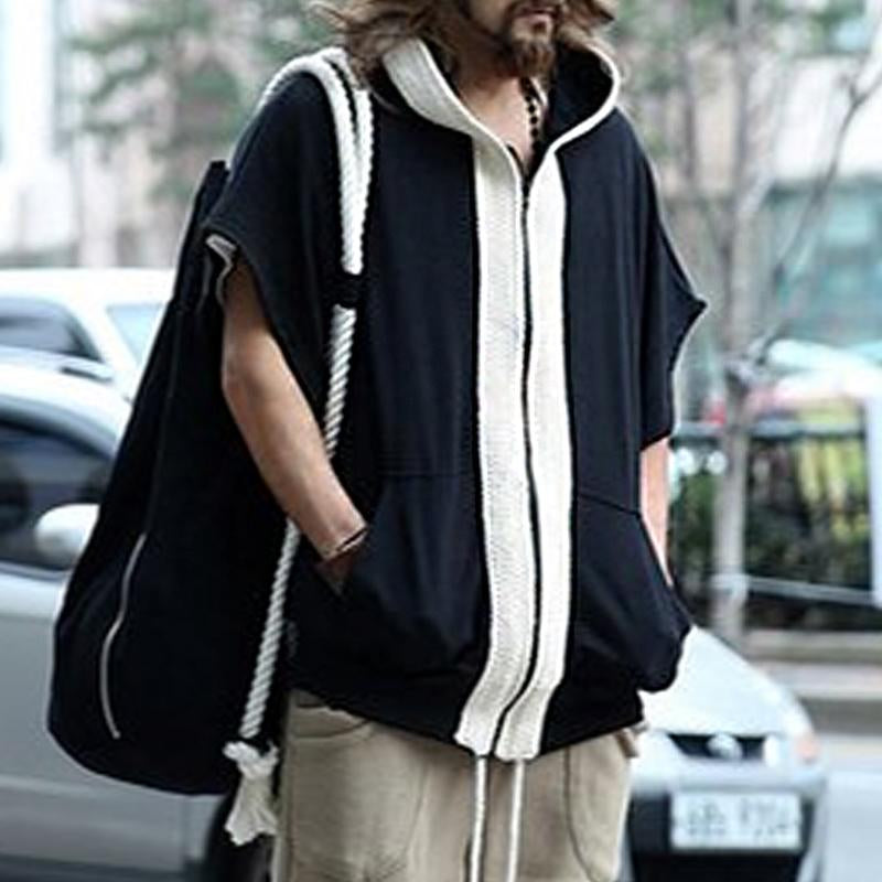 Men's Loose Color Block Hooded Short Sleeve Sweatshirt Jacket