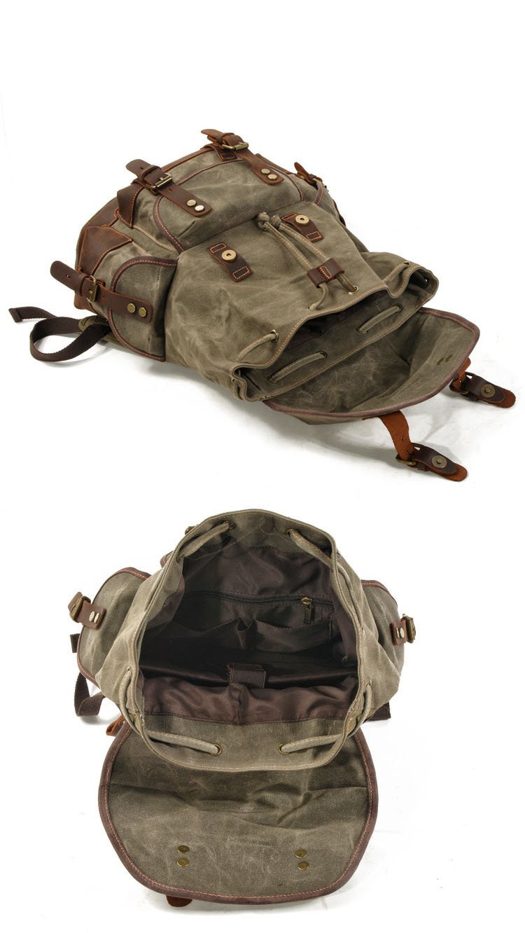 Men's Vintage Outdoor Canvas Stitching Leather Multi-Pocket Backpack
