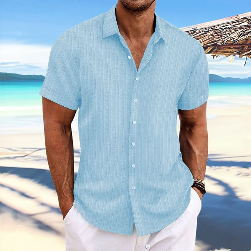 Men's Cotton Linen Stripe Print Loose Short Sleeve Lapel Shirt