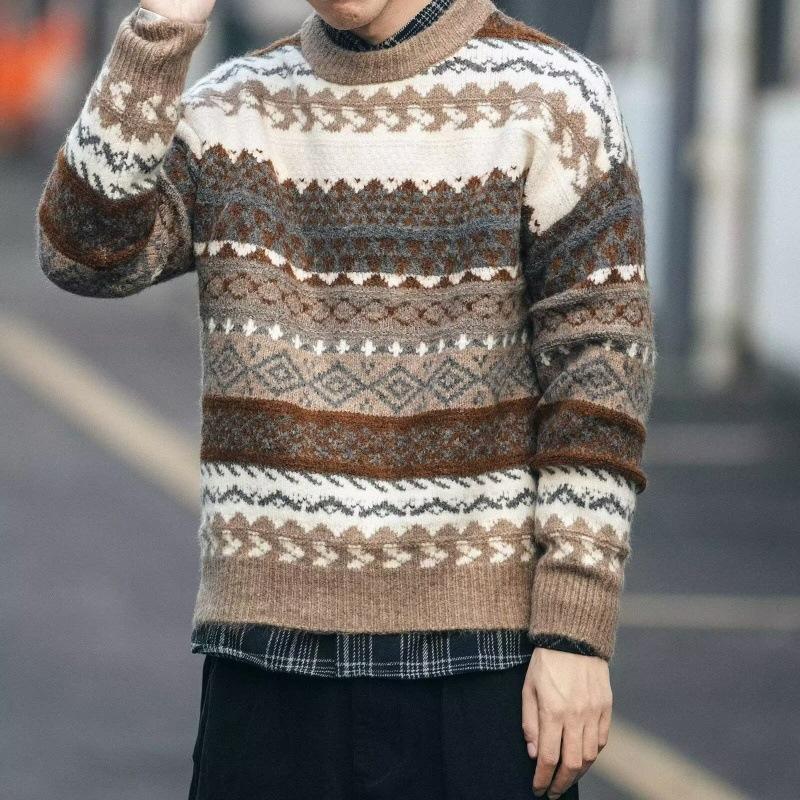 Pull à manches longues et col rond en jacquard Fair Isle pour homme