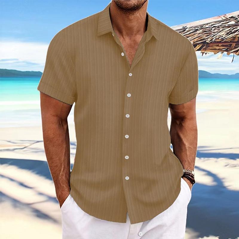 Men's Cotton Linen Stripe Print Loose Short Sleeve Lapel Shirt