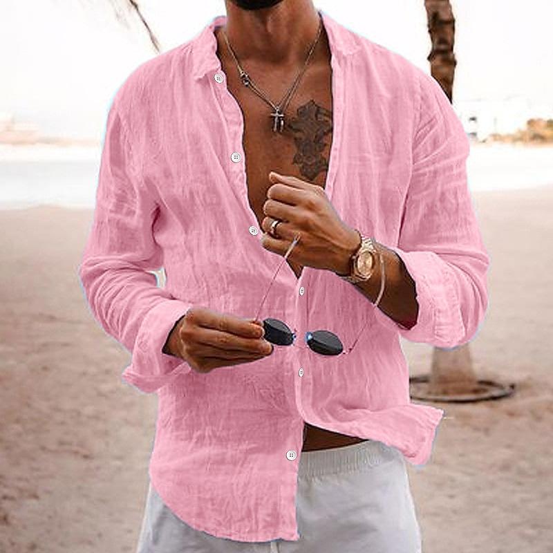 Men's Casual Solid Color Lapel Cotton Linen Long-Sleeved Shirt