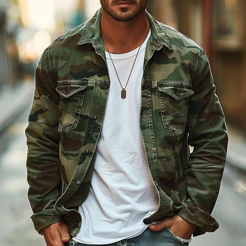 Veste à revers style rétro en toile camouflage pour homme