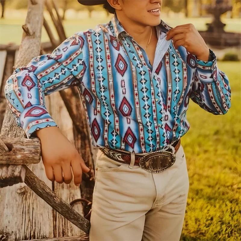 Chemise à manches longues à rayures style western cowboy pour homme