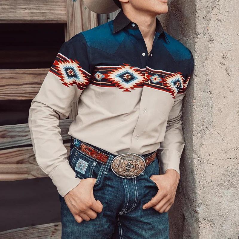 Chemise à manches longues et revers en denim imprimé western pour homme