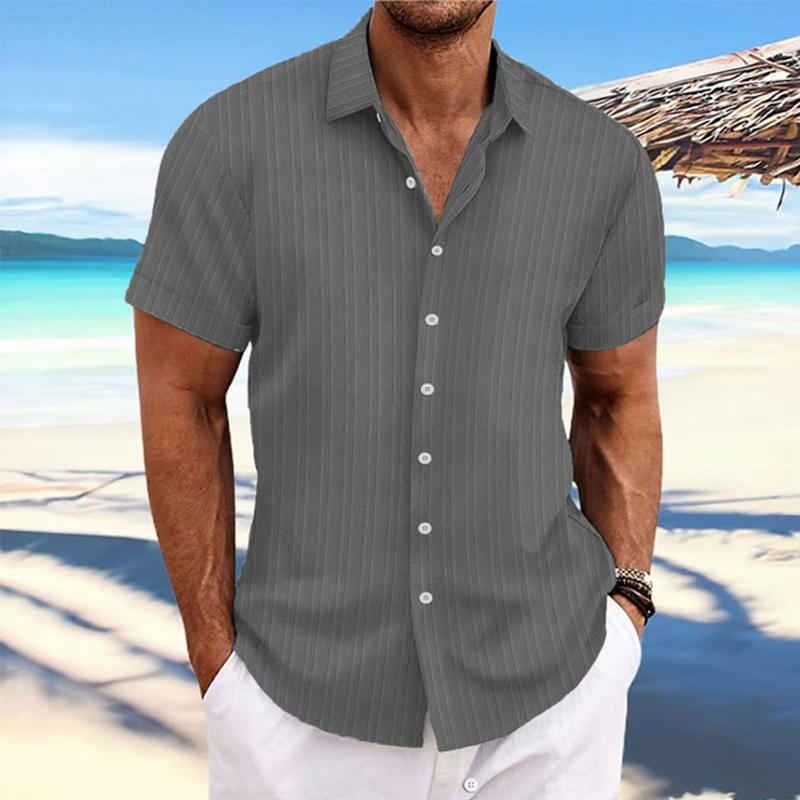 Men's Cotton Linen Stripe Print Loose Short Sleeve Lapel Shirt
