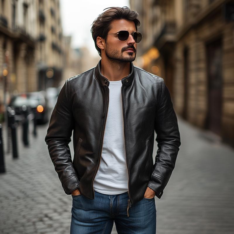 Men's Elegant Stand Collar Slim Zipper Leather Jacket