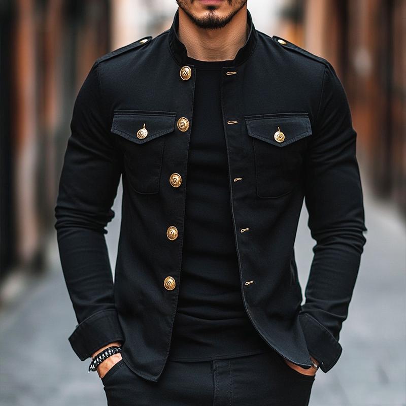 Veste boutonnée à revers unie décontractée vintage pour homme