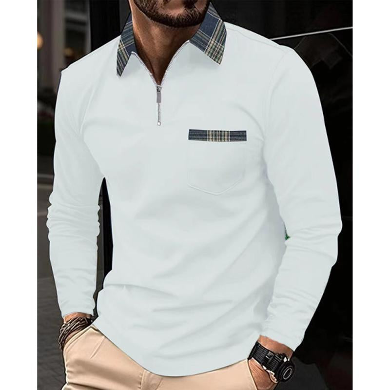 Men's Plaid Printed Stitching Zipper Lapel Pocket Long Sleeve Polo Shirt