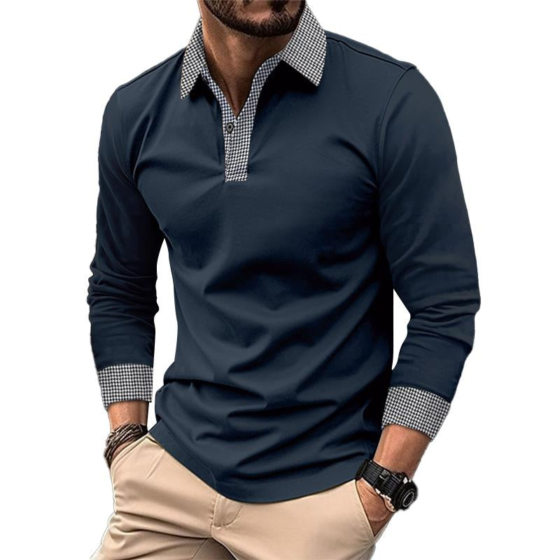 Men's Casual Plaid Patchwork Long-Sleeved Polo Shirt