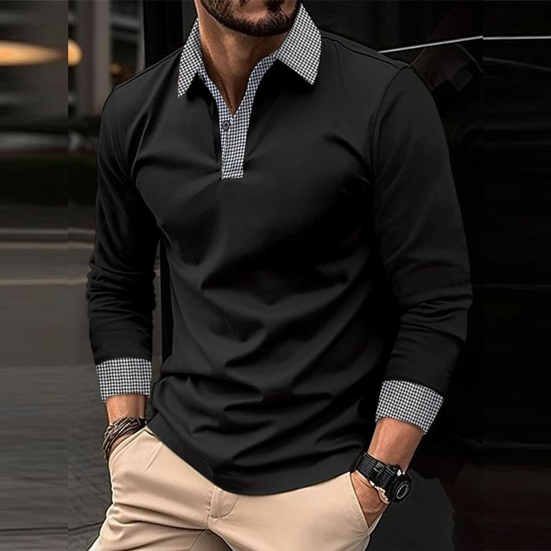 Men's Casual Plaid Patchwork Long-Sleeved Polo Shirt