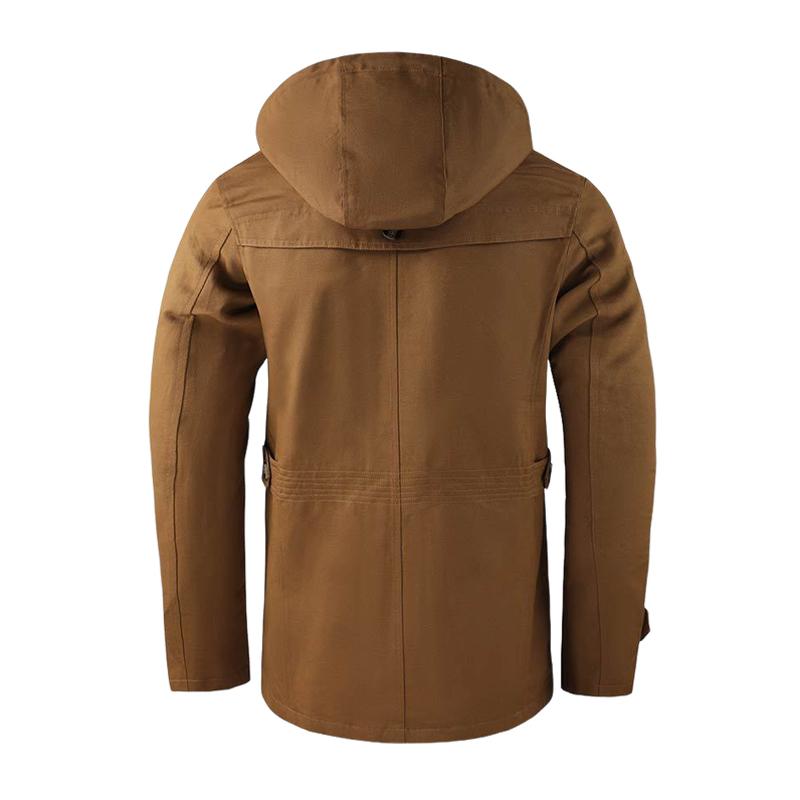 Men's Casual Washed Cotton Warm Stand Collar Hooded Mid-length Coat