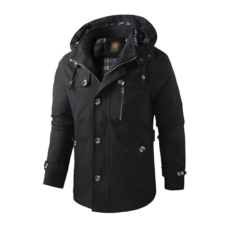 Men's Casual Washed Cotton Warm Stand Collar Hooded Mid-length Coat