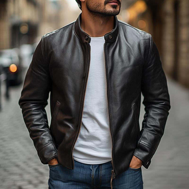 Men's Elegant Stand Collar Slim Zipper Leather Jacket