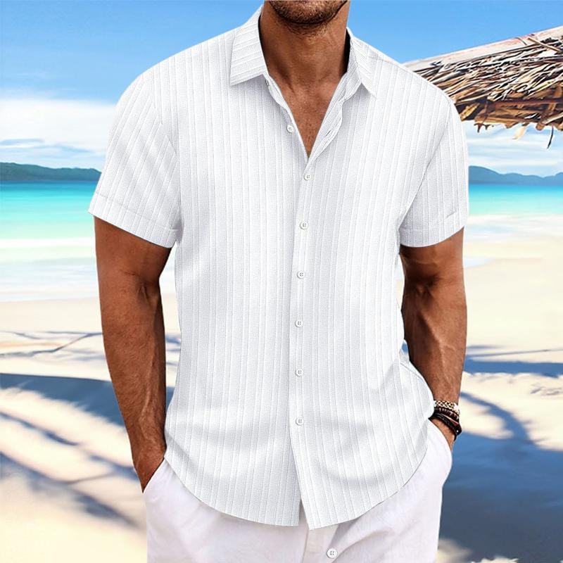 Men's Cotton Linen Stripe Print Loose Short Sleeve Lapel Shirt