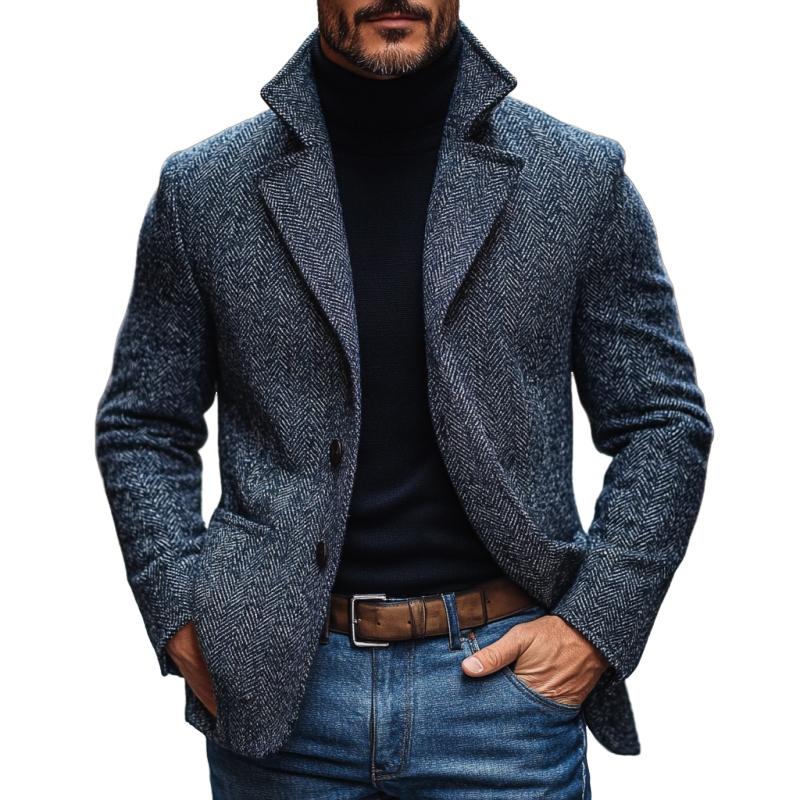Blazer vintage à chevrons et revers crantés pour homme, simple boutonnage