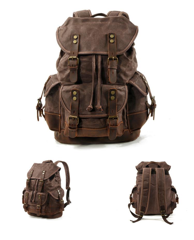 Men's Vintage Outdoor Canvas Stitching Leather Multi-Pocket Backpack