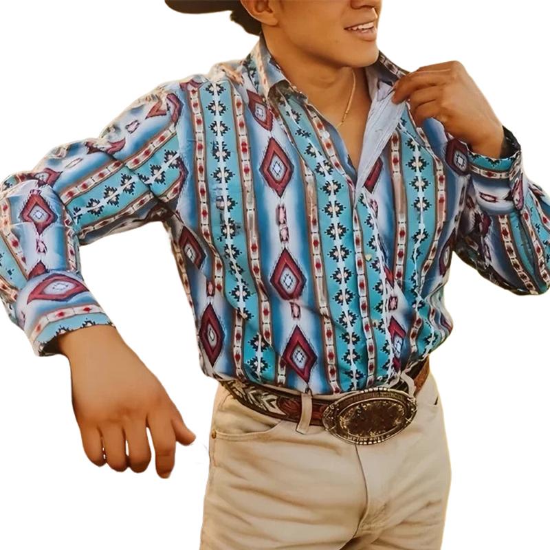 Men's Western Cowboy Stripe Printed Vacation Long Sleeve Shirt