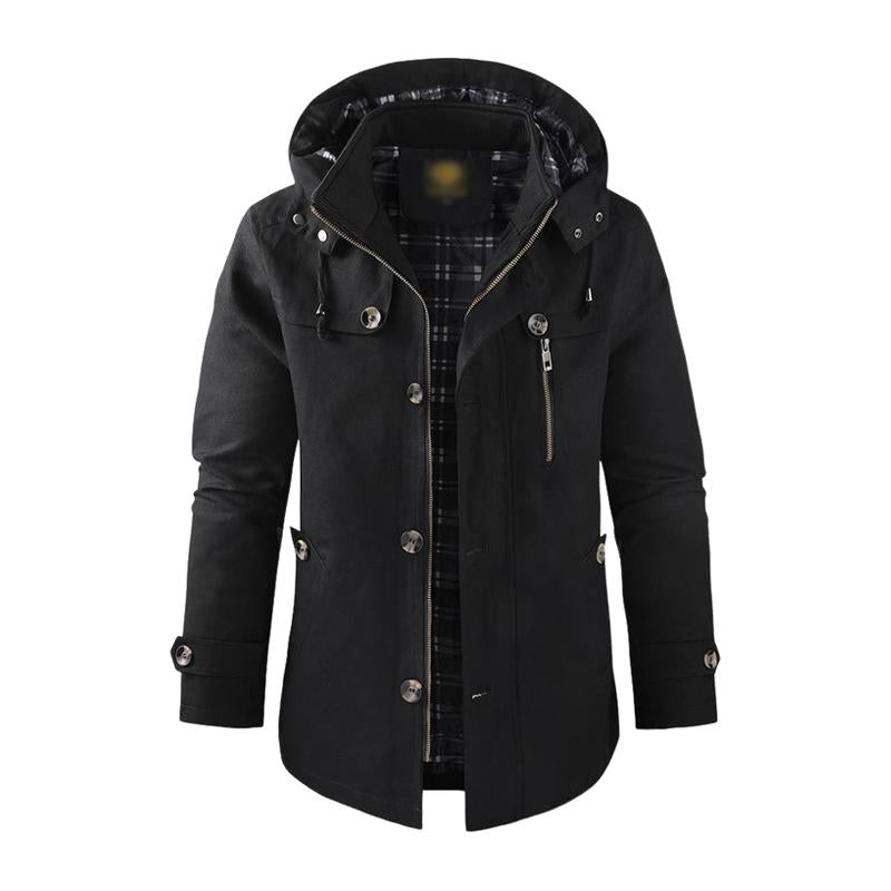 Men's Casual Washed Cotton Warm Stand Collar Hooded Mid-length Coat