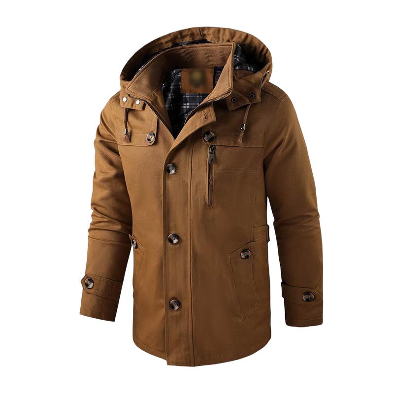 Men's Casual Washed Cotton Warm Stand Collar Hooded Mid-length Coat