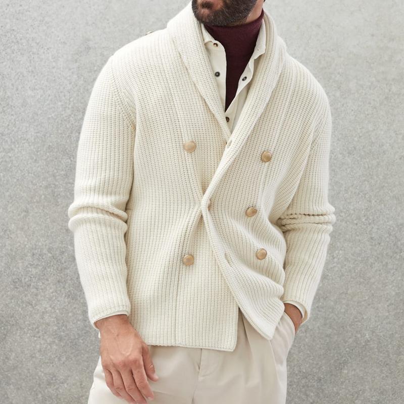 Men's Casual Solid Color Lapel Double Breasted Knitted Cardigan