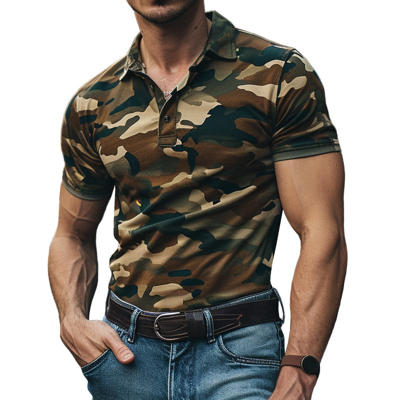 Polo décontracté à manches courtes et revers camouflage pour homme