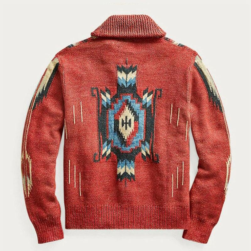 Cardigan en tricot à manches longues et revers jacquard vintage pour homme