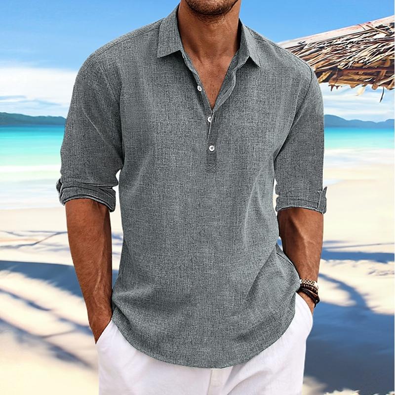 Men's Casual Solid Color Pullover Lapel Roll-Up Sleeve Long Sleeve Shirt
