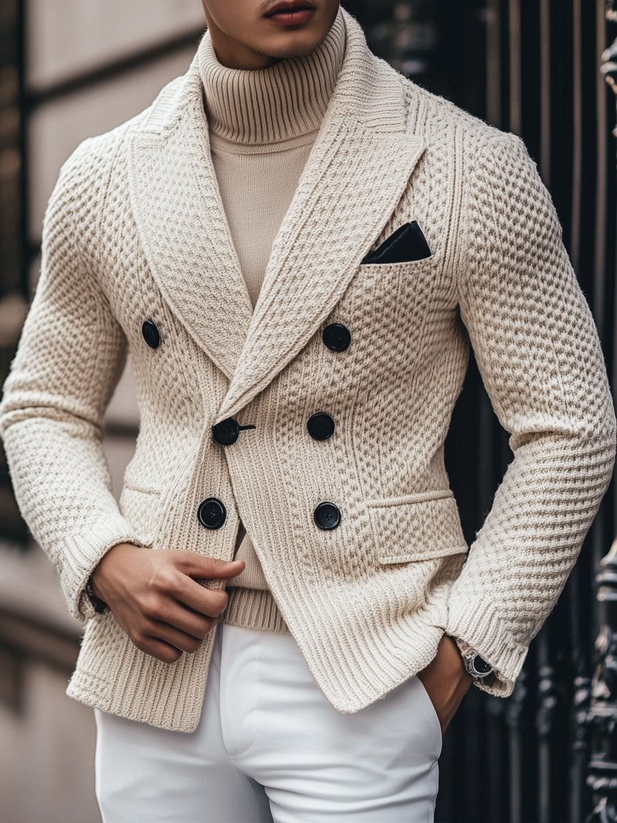 Business Vintage Zweireihiger Strickblazer mit 3 Taschen Revers