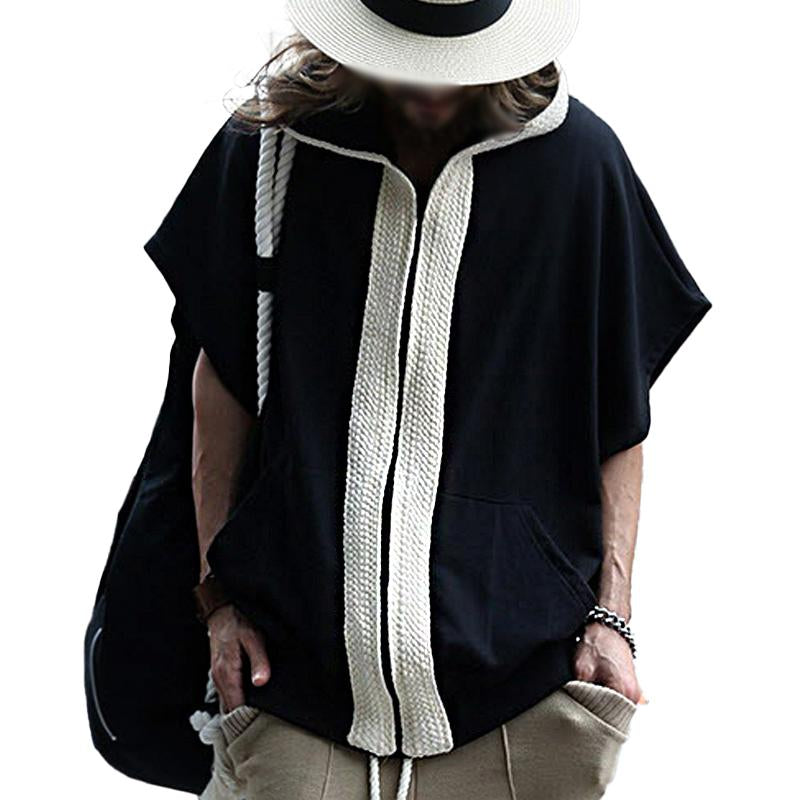 Men's Loose Color Block Hooded Short Sleeve Sweatshirt Jacket