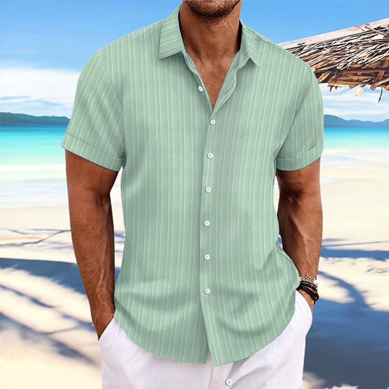Men's Cotton Linen Stripe Print Loose Short Sleeve Lapel Shirt