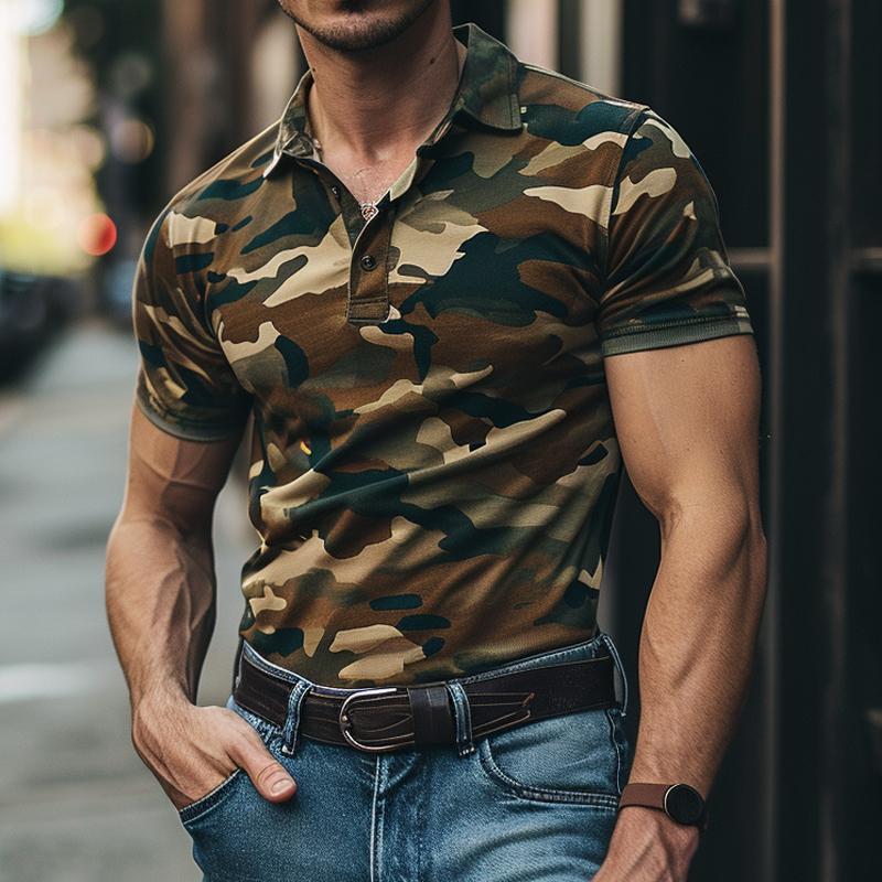 Men's Casual Camo Lapel Short Sleeve Polo Shirt