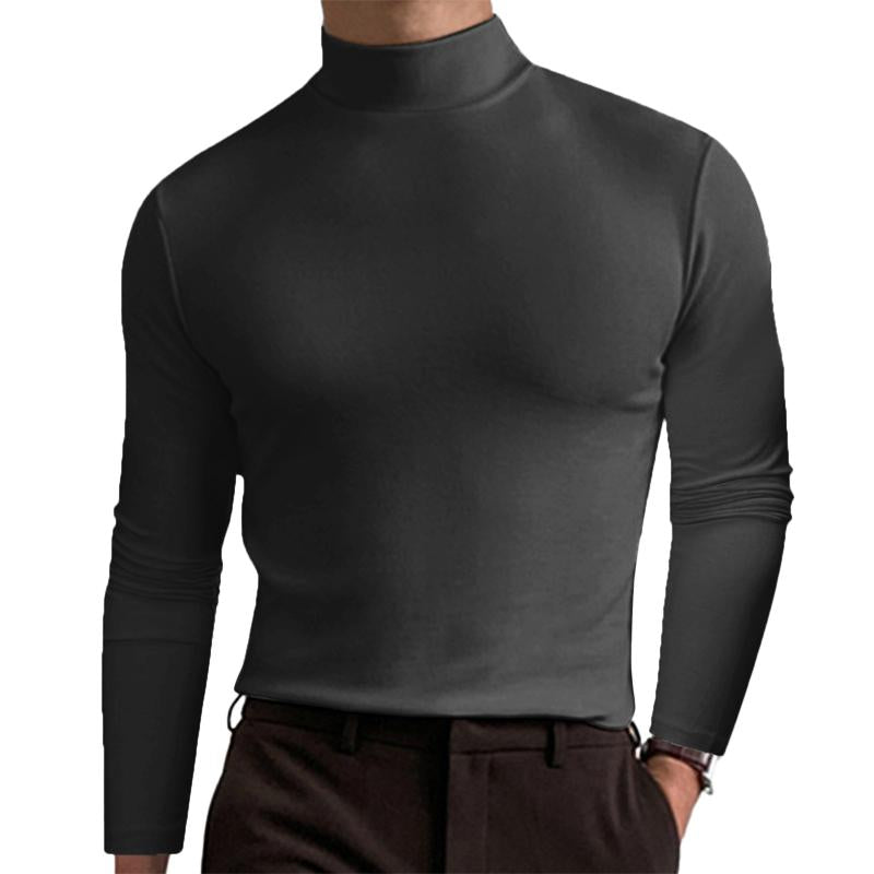T-shirt décontracté à manches longues et col montant pour homme, couleur unie