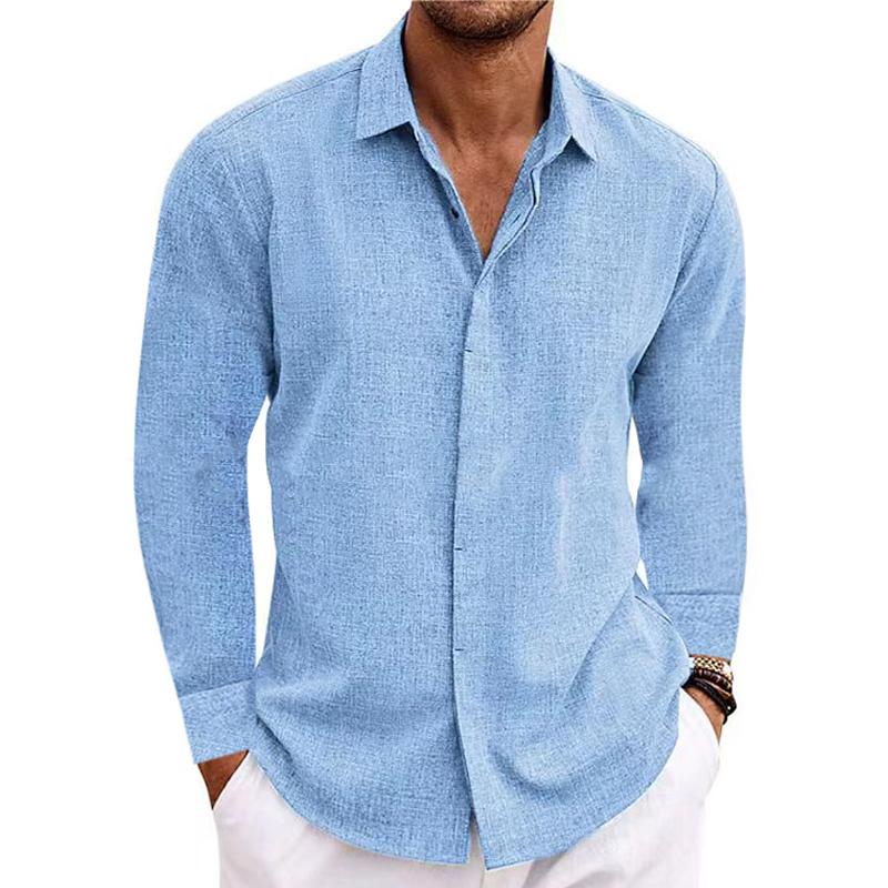 Men's Casual Loose Solid Color Cotton Linen Long Sleeve Shirt